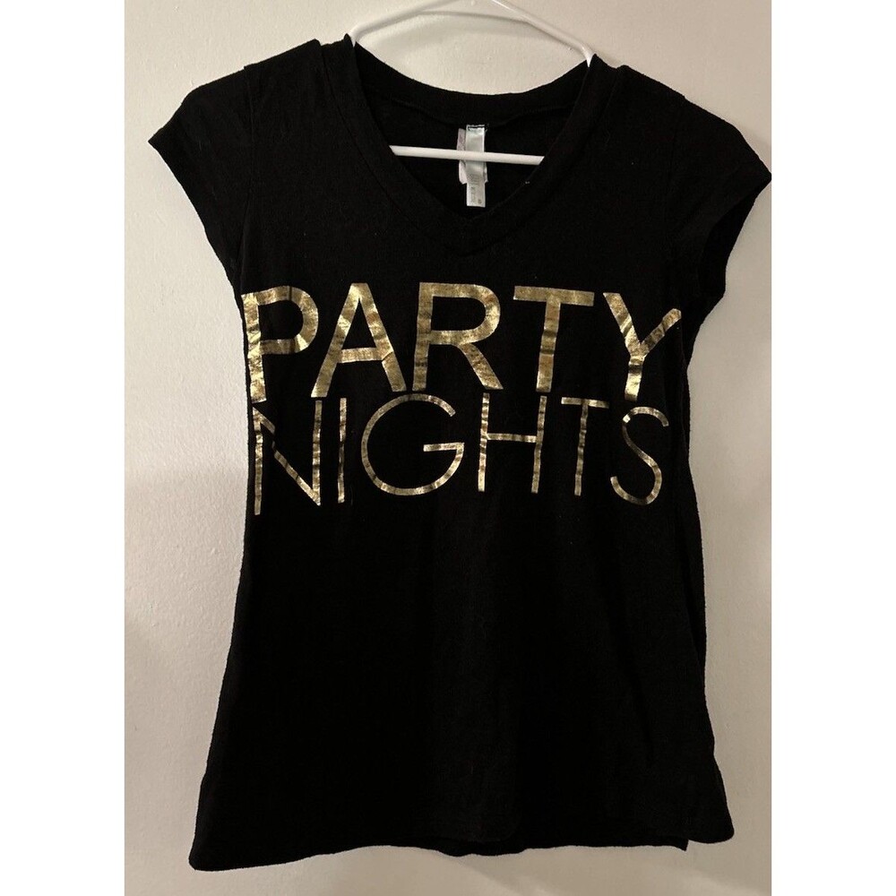 GABY With Love Y2K Short Sleeve Black V-neck T-shirt Sz Small W/“PARTY NIGHTS”